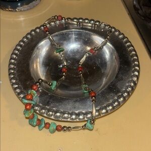 Vintage Native American Turquoise Chip & Coral Bead Necklace with Silver Accents